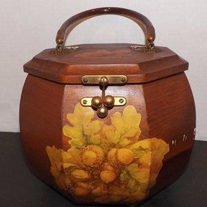 Vintage Wooden Decoupage Leaves-Acorns-Foliage Octagonal Box- Purse-Case-Lucite